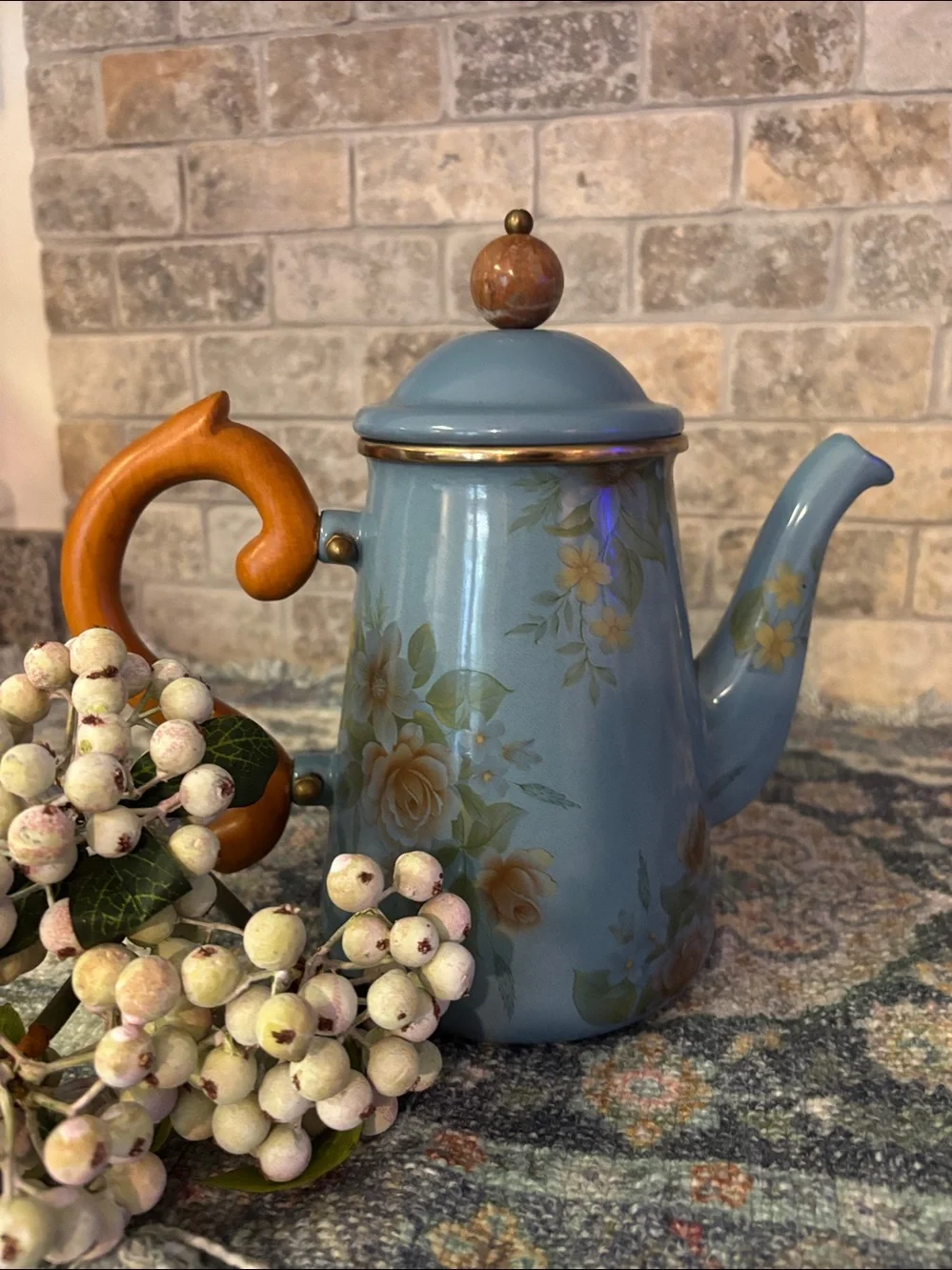 Camp Mackenzie-Childs enamel Blue Floral Teapot with decorative  wooden handle.
